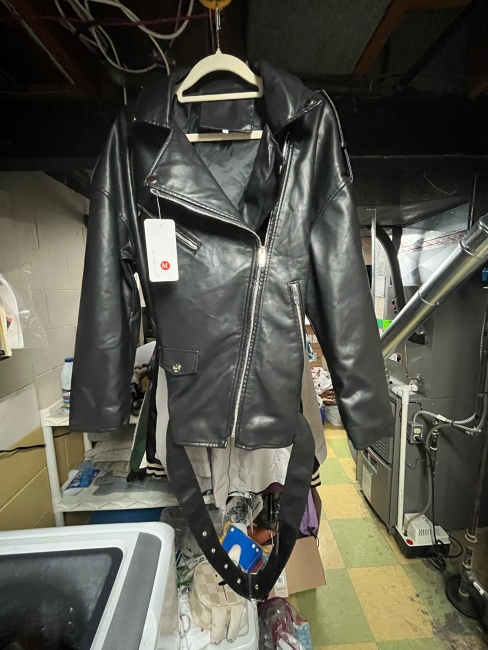 Black Faux Leather Moto Jacket with Belt NWT Size Medium